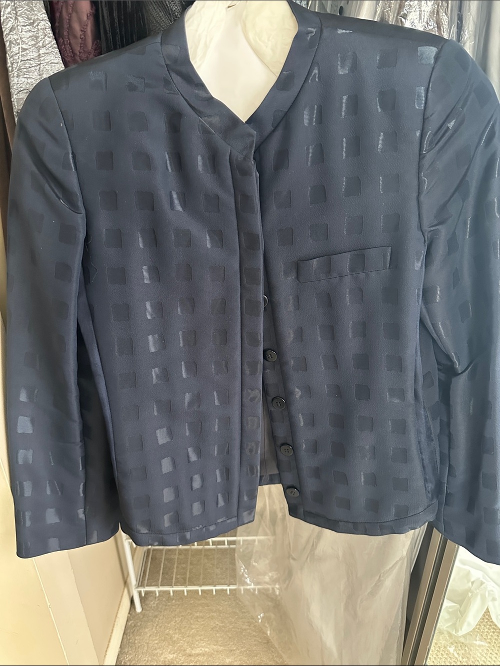 Armani Collezioni Navy Satin-Check Cropped Jacket